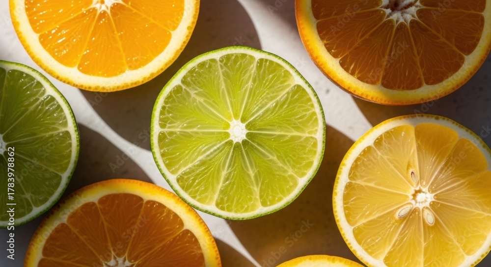 Fototapeta premium Colorful citrus fruit assortment top view. Sliced orange lemon and lime macro detail. Natural source of vitamin C for healthy lifestyle. Summer food concept with bright sunlight