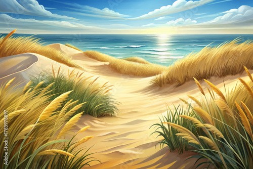 Golden sand dunes with tall grass leading to calm ocean in the Hamptons