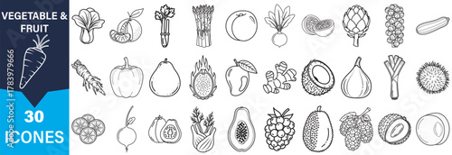 A collection of 30 hand-drawn vegetable and fruit icons presented in a clear silhouette style.