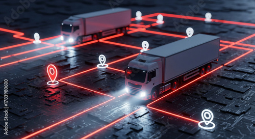 Modern logistics network visualization with delivery trucks and destination points for transportation technology solutions and supply chain management