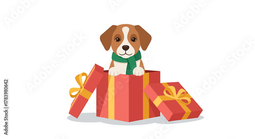 Adorable Jack Russell Terrier puppy peeking out of a festive gift box, wearing a green scarf