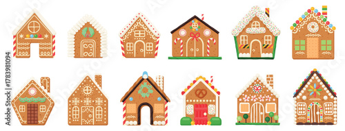 Gingerbread houses vector illustration set. Cartoon baked town buildings with candy, sugar icing snowflakes, and chocolate decorations on windows and doors