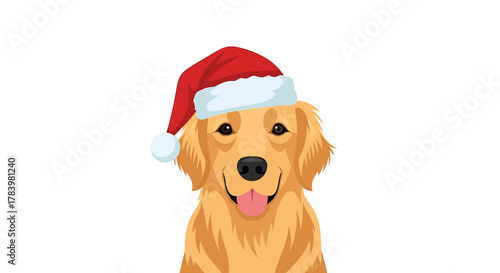 A charming golden retriever wearing a festive red Santa Claus hat. A happy dog illustration perfect for Christmas holiday celebrations, isolated vector art