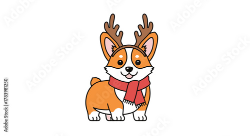 A charming cartoon illustration of a happy corgi dog dressed as a reindeer with a warm red scarf for the winter holidays