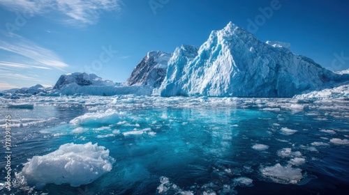Wallpaper Mural Giant blue icebergs rise majestically from the water in Antarctica, surrounded by smaller ice fragments under a bright blue sky on a clear day. Torontodigital.ca