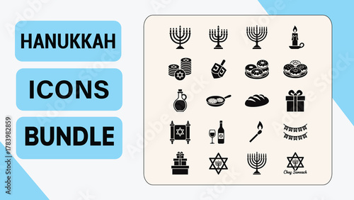 Hanukkah Glyph Icons Bundle  Jewish Festival of Lights Symbols Set