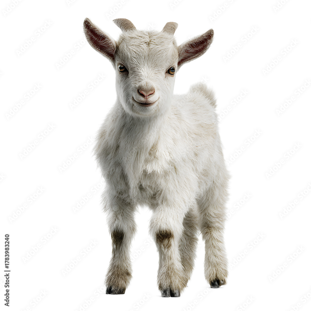 Fototapeta premium Adorable white goat kid standing sweetly, a perfect symbol of innocence and charm for children's projects or heartwarming animal-themed designs