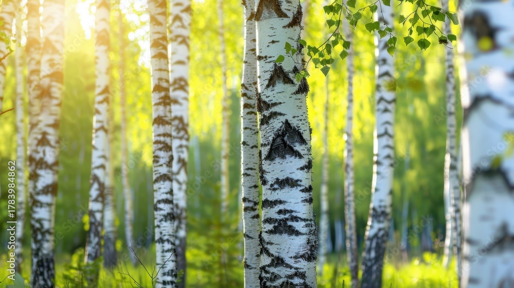 Naklejka premium A serene birch forest with sunlight filtering through the leaves. The trees have white bark and green foliage, creating a peaceful natural environment.