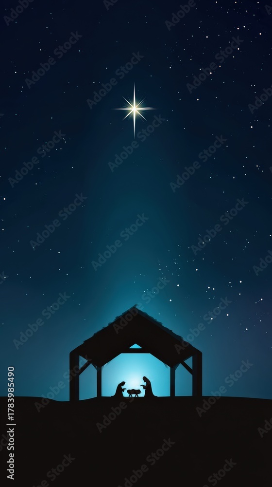 Fototapeta premium A serene silhouette of the Nativity scene under a starry night sky, illuminated by a brilliant guiding star. ..Created with Generative AI, not depicting real subjects.