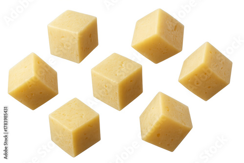 Cheese cubes floating, savory dairy appetizer ingredient, yellow food pieces for cooking or snacking, transparent background