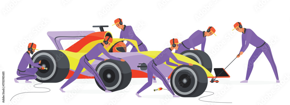Obraz premium Pit stop crew at work to change tire of car vector illustration. Cartoon isolated team of technical workers and engineers from repair and support service fast change wheels at rally championship
