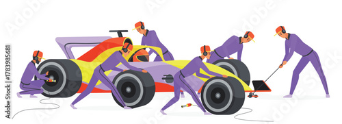 Pit stop crew at work to change tire of car vector illustration. Cartoon isolated team of technical workers and engineers from repair and support service fast change wheels at rally championship