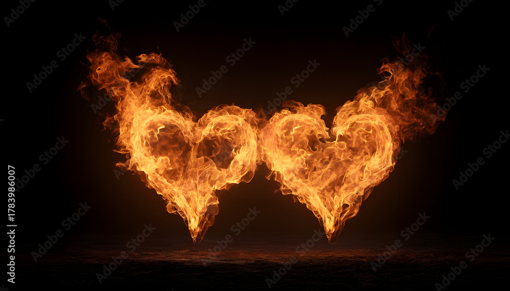 Fototapeta premium Two flaming Valentine love hearts burn passionately on black screen overlay