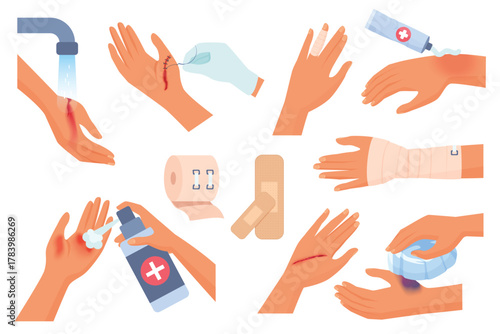 First aid for hand injury set vector illustration. Cartoon isolated injured human arms of patient with wound and burn on skin, hands cleaning trauma with water, using elastic bandage and dressings