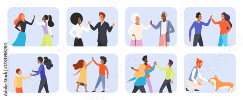 People giving high five, support gestures set vector illustration. Cartoon isolated scenes with elderly and young female and male characters, colleagues and friends, mom and son give five together