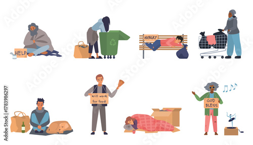 Homeless poor people set vector illustration. Cartoon isolated poverty scenes collection with beggars and street animals, alcohol addict and panhandler begging, sleeping on bench, pushing trash cart