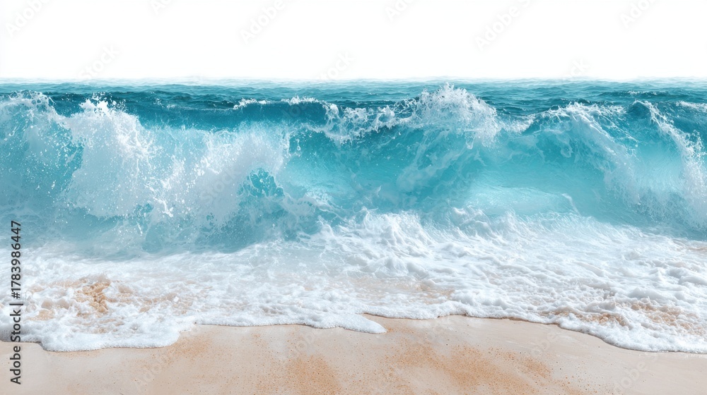 Fototapeta premium Under a bright blue sky, waves roll onto the sandy shore, creating foam as they break. The scene captures a peaceful moment at the beach with vibrant ocean colors.