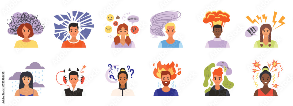 Fototapeta premium People with negative thinking and stress set vector illustration. Cartoon isolated unhappy man and woman with bad mood and weather over head, rain clouds and fire, sad emoji and confusion, questions