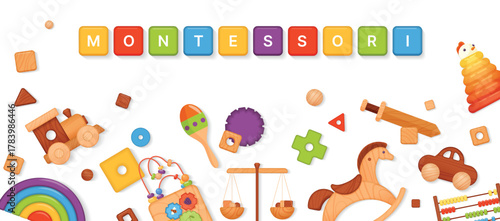 Montessori banner design template, Montessori text on rainbow cubes and wooden logic toys for preschool kids vector illustration. 3D isolated pedagogic materials and letters for toddlers game