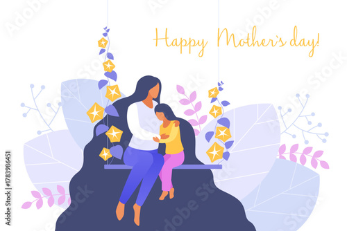 Love, support and care of mother and daughter vector illustration. Cartoon cute mom and girl hug, sitting on rope swing with flowers together background. Mothers Day celebration, greeting card