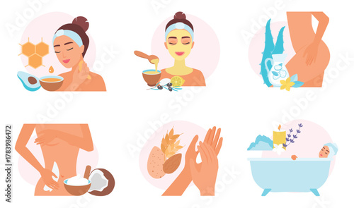 Natural homemade cosmetics set vector illustration. Cartoon girls apply beauty treatment and spa diy remedy from organic food ingredients, body and facial care with vitamins and essential oil