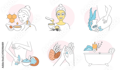 Natural homemade cosmetics thin line set vector illustration. Cartoon girls apply beauty treatment and spa diy remedy from organic food ingredients, body facial care with vitamins and essential oil