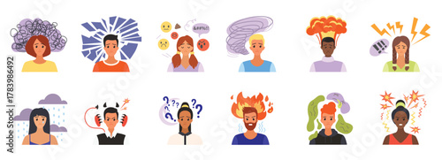 People with negative thinking and stress set vector illustration. Cartoon isolated unhappy man and woman with bad mood and weather over head, rain clouds and fire, sad emoji and confusion, questions