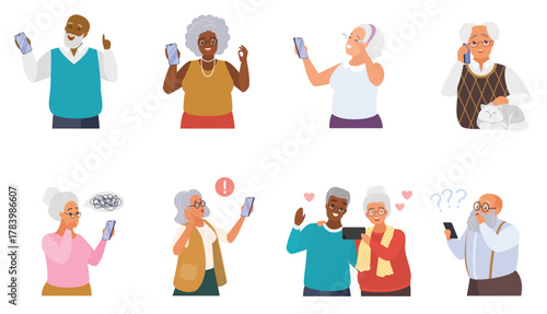 Old people with phones set vector illustration. Cartoon isolated senior woman and man hold smartphone with confused or happy, sad or worry expression on face, older users call on cellphone with smiles