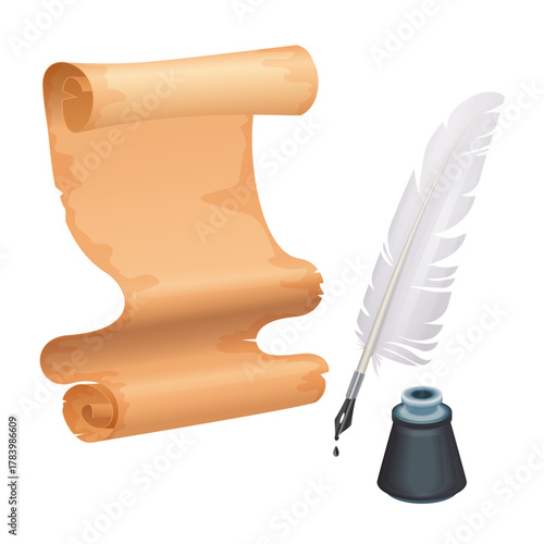 Old paper scroll with vintage feather pen and ink bottle vector illustration. 3D isolated quill and inkwell for drawing on medieval parchment manuscript or ancient open papyrus of antique library