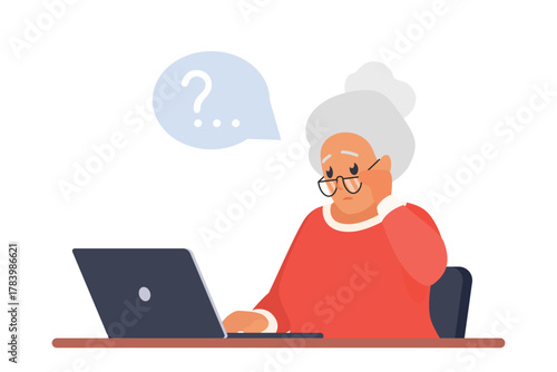 Sad old woman sitting with laptop vector illustration. Cartoon isolated elderly character with glasses and question mark over head inside bubble, confused grandmother in doubt how to use computer