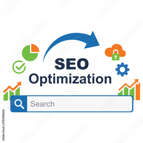 Search Bar with SEO Optimization Text and Growth Charts Representing Search Engine Marketing Strategy
