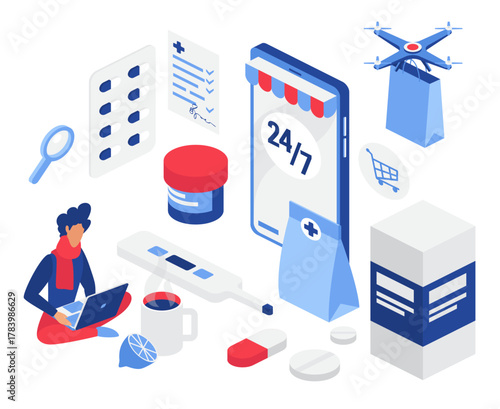 Online drug store pharmacy store concept isometric vector illustration