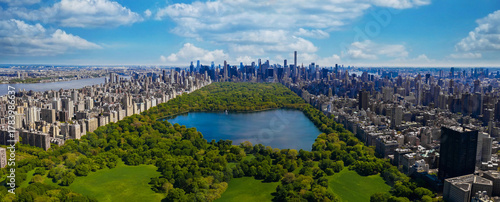 Panoramic Manhattan Central Park and aerial skyline from helicopter during summer season in New York City 2025, USA.