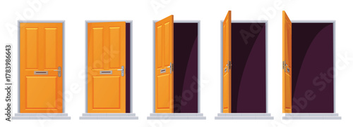 Door opening sequence, animation set vector illustration. Cartoon isolated different step positions of open, ajar and closed wooden yellow front doors to house with doorway, doorstep and handle