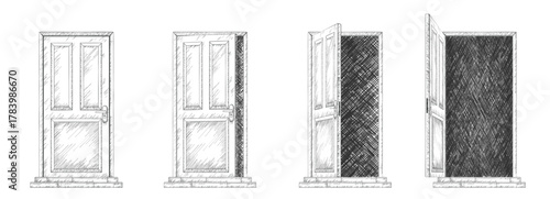 Door opening sequence, set of line sketches vector illustration. Outline doodle hand drawn arts of ajar, open and closed doors of office or home with scribble dark in doorway, doorstep and handle