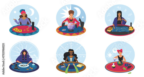 Fortune telling, divination set vector illustration. Cartoon isolated magic scenes with fortuneteller, predictor or witch characters sitting at round table to predict destiny with crystal ball, tarot