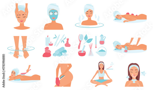 Wellness and spa set vector illustration. Cartoon facial skincare treatment and tools, beauty oil massage and aromatherapy, stone therapy for foot and hands, body of female characters in spa salon
