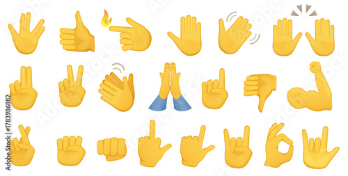 Emoji hand icons. Hands gesture icons symbols set. Different hands gestures, signals and signs cartoon vector illustration