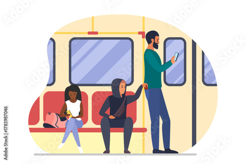Theft of money in public transport vector illustration. Cartoon thief sitting on seat with passengers in interior of subway train or bus, pickpocket character stealing wallet from male victims pocket