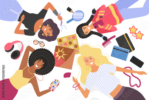 Happy home meeting of girls friends, hen party vector illustration. Cartoon funny scene top view of young female characters lying on bed and looking up together, women talk and eat tasty chocolates
