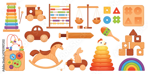 Wooden toys for kids set vector illustration. Cartoon isolated Montessori collection for toddlers with wood pyramid and cute vintage rocking horse, puzzles and car, blocks for building castle, sword