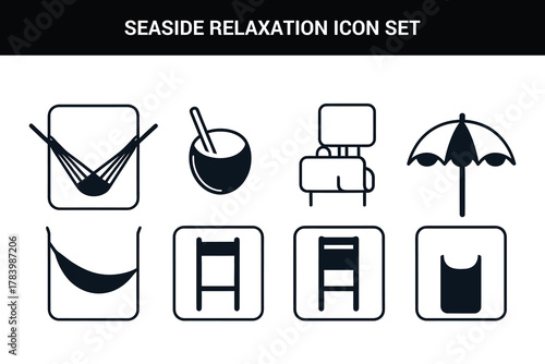 Seaside relaxation line art icon set illustration on a white background

