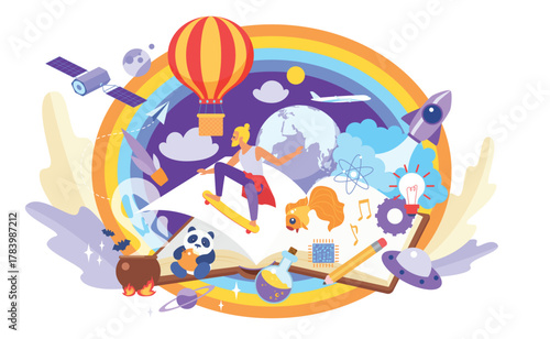 Magic world of book, fantasy and inspiration from reading vector illustration. Cartoon open storybook with fairytale characters, rockets and balloon on paper pages, fairy adventure in imagination