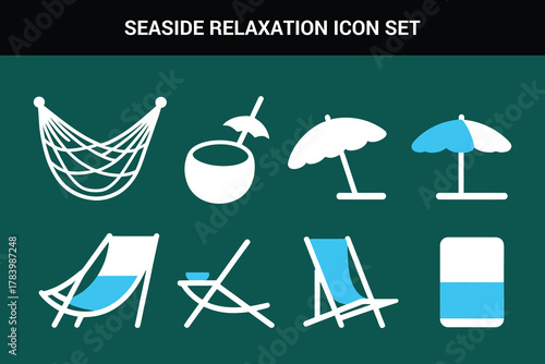 Seaside relaxation line art icon set illustration on a white background
