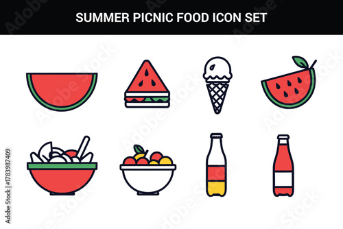 Summer picnic food line art icon set illustration on a white background
