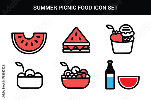 Summer picnic food line art icon set illustration on a white background
