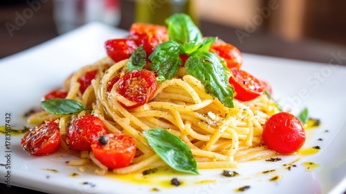 A plate of fresh spaghetti is topped with roasted cherry tomatoes and vibrant basil leaves. The dish glistens with olive oil under warm restaurant lighting.