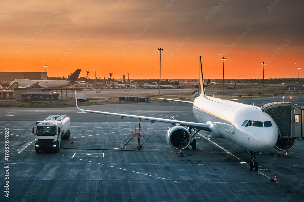 Fototapeta premium Tank truck refueling an airplane on the airport runway during a stunning sunset, casting warm hues across the evening sky