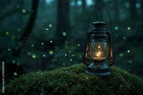 Vintage lantern glowing in dark forest with fireflies