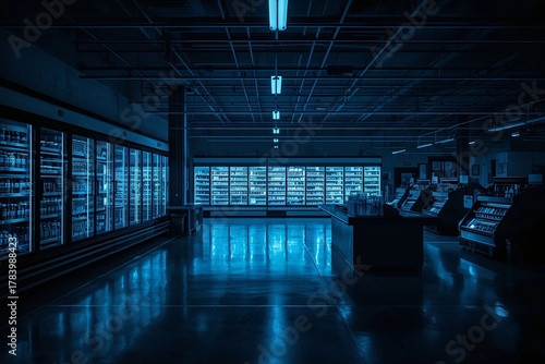 Empty supermarket at night with blue fluorescent lighting